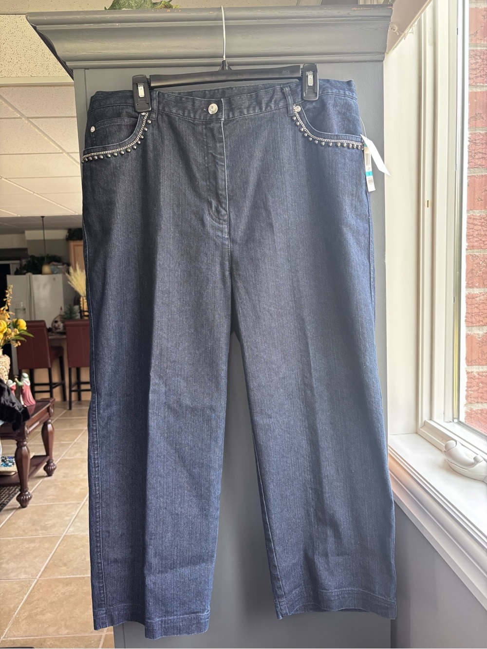 JM Collection Dark Blue Straight-Leg Jeans with Studded Pocket Trim